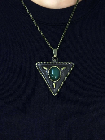 Doğal Taş Yeşil Akik Doğal Taşlı Üçgen Model Antik Kadın Kolye euk41ya - Resim 2