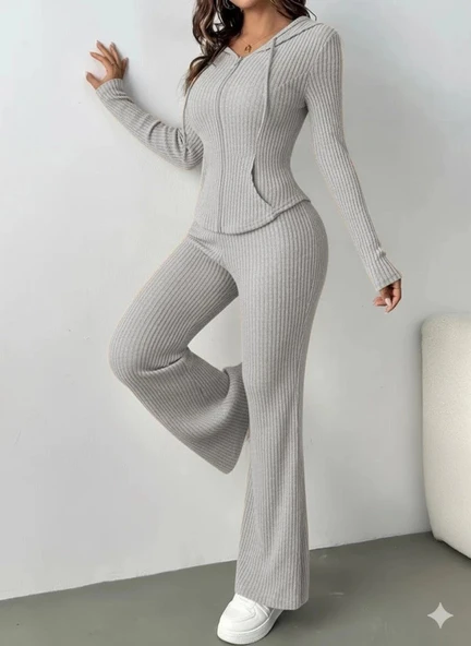 Kadın Uzun Kollu Kapşonlu önden Fermuarlı Kaşkorse Bluz Ve Pantolon Ikili Takım - Resim 4