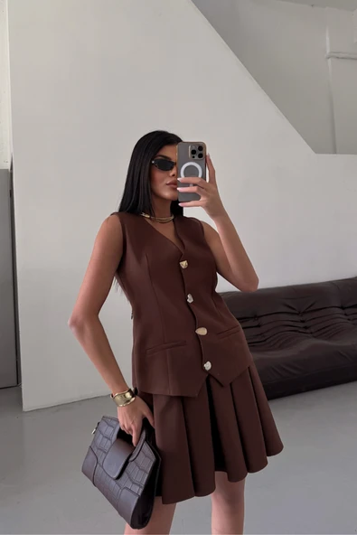 YELEK - PİLELİ ETEK GÖRÜNÜMLÜ ELBİSE - Kahverengi