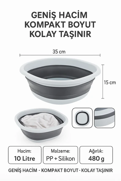10 LT Katlanabilir Kare Leğen – PP + Silikon, Yer Kaplamaz, Dayanıklı, Çok Amaçlı - 6