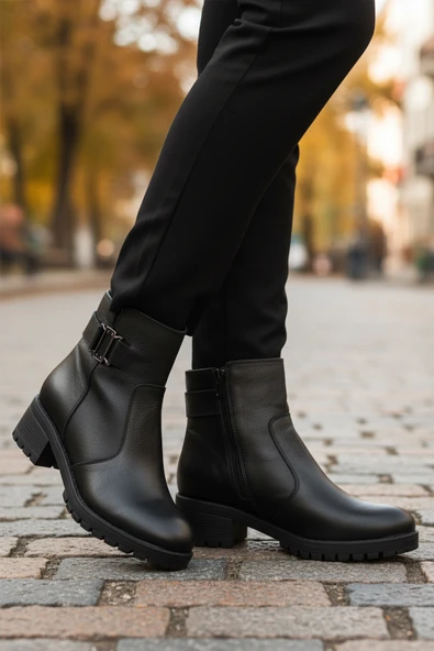 Aspor Siyah Hakiki Deri İçi Polarlı Kadın Topuklu Bot - Resim 3