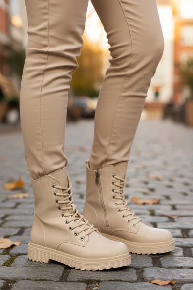 Aspor Bej Kürklü Bağcıklı Fermuarlı Kadın Topuklu Bot - Resim 3