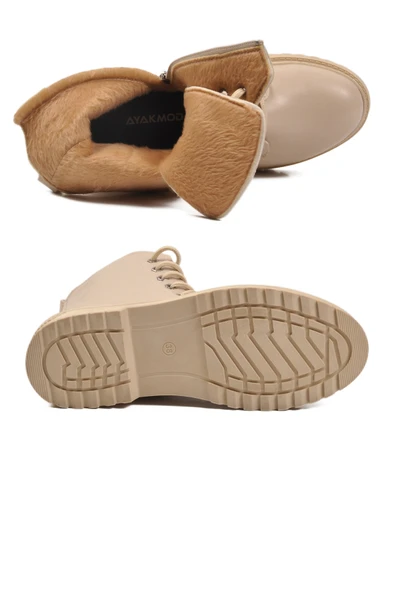 Aspor Bej Kürklü Bağcıklı Fermuarlı Kadın Topuklu Bot - Resim 5