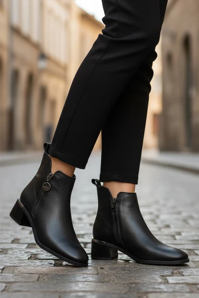 Aspor Siyah Hakiki Deri Polarlı Fermuarlı Kadın Topuklu Bot - Resim 3