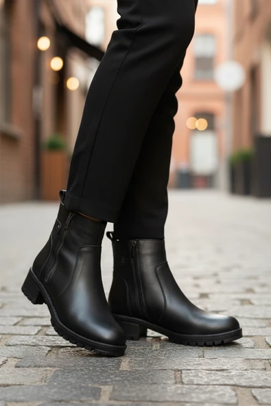 Aspor Siyah Hakiki Deri Fermuarlı Polarlı Kadın Topuklu Bot - Resim 3