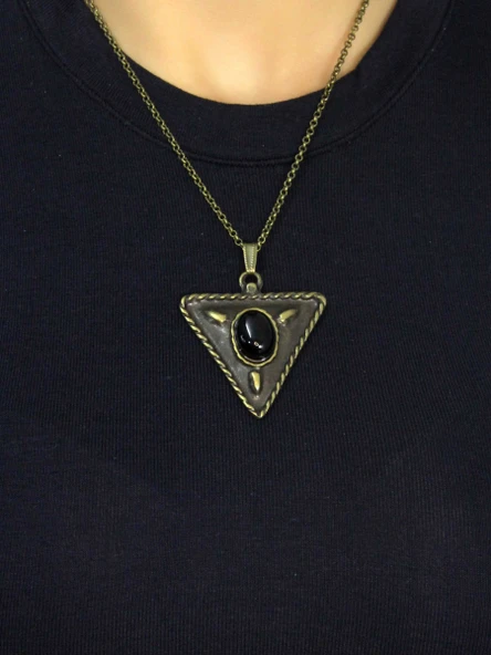 Doğal Taş Oniks Doğal Taşlı Üçgen Model Antik Kadın Kolye euk41o - Resim 3