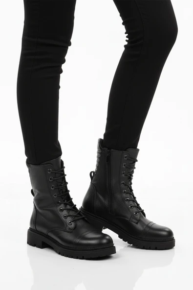 Aspor Siyah Hakiki Deri Fermuarlı Polarlı Kadın Topuklu Bot