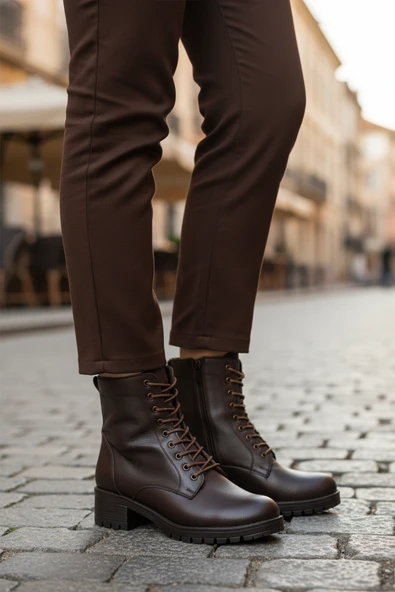 Aspor Kahve Hakiki Deri Fermuarlı Bağcık Detaylı Kadın Topuklu Bot - Resim 3