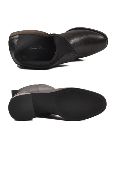 Aspor Siyah Hakiki Deri Polarlı Fermuarlı Kadın Topuklu Bot - Resim 4