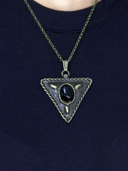 Doğal Taş Oniks Doğal Taşlı Üçgen Model Antik Kadın Kolye euk41o - Resim 2