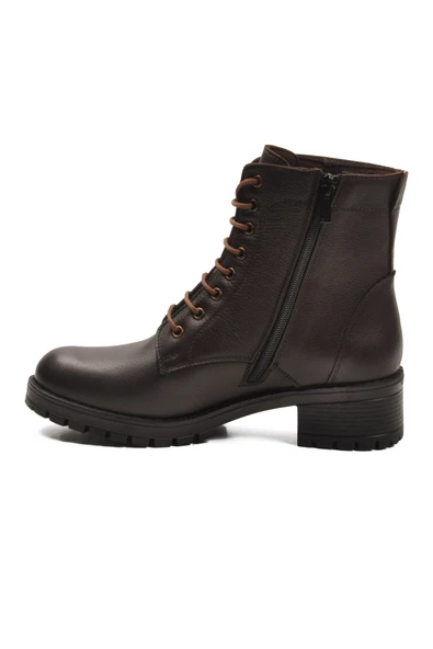 Aspor Kahve Hakiki Deri Fermuarlı Bağcık Detaylı Kadın Topuklu Bot - Resim 4