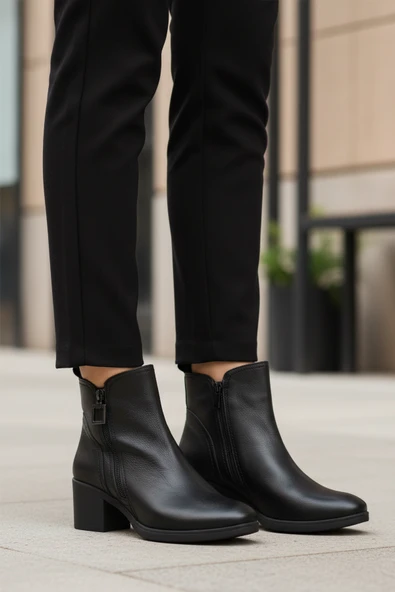Aspor Siyah Hakiki Deri Fermuarlı Polarlı Kadın Topuklu Bot - Resim 3