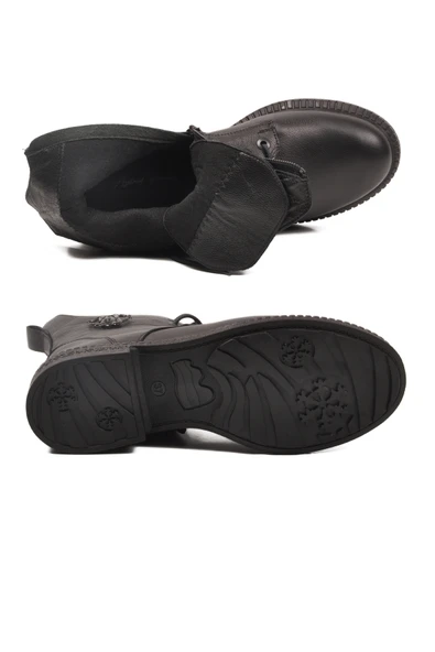 Aspor Siyah Hakiki Deri Fermuarlı Bağcık Detaylı Polarlı Kadın Topuklu Bot - Resim 5