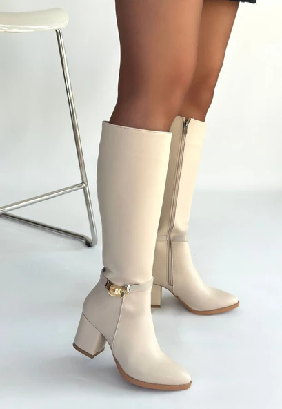 Pabucmarketi Bej Kadın Topuklu Çizme - Resim 2