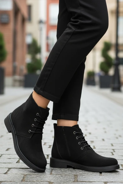 Aspor Siyah Süet Bağcıklı Fermuarlı Kadın Topuklu Bot - Resim 3