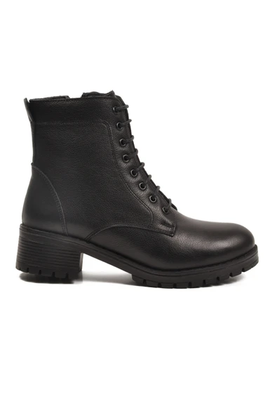 Aspor Siyah Hakiki Deri Fermuarlı Bağcık Detaylı Kadın Topuklu Bot - Resim 2