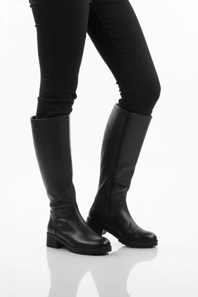 Aspor Siyah Hakiki Deri İçi Polarlı Kadın Topuklu Çizme