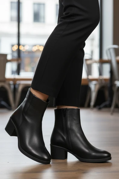 Aspor Siyah Hakiki Deri Fermuarlı Polarlı Kadın Topuklu Bot - Resim 3