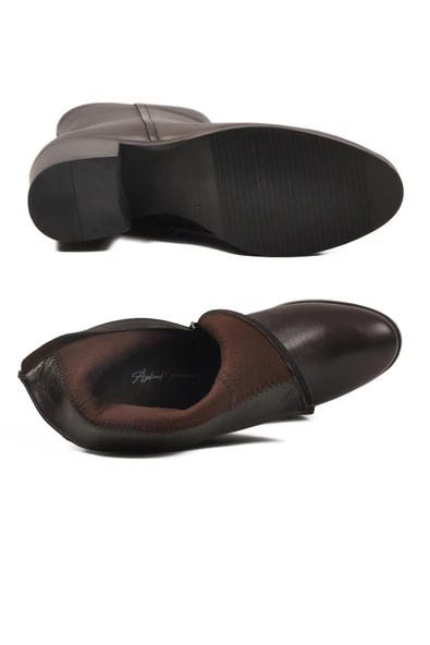 Aspor Kahve Hakiki Deri Fermuarlı Polarlı Kadın Topuklu Bot - Resim 5