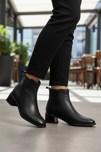 Aspor Siyah Hakiki Deri Polarlı Fermuarlı Kadın Topuklu Bot - Resim 2