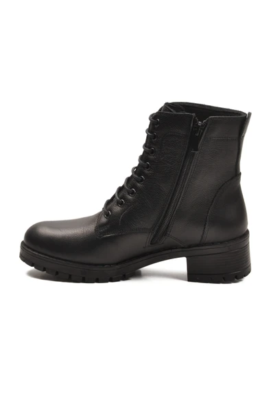 Aspor Siyah Hakiki Deri Fermuarlı Bağcık Detaylı Kadın Topuklu Bot - Resim 4