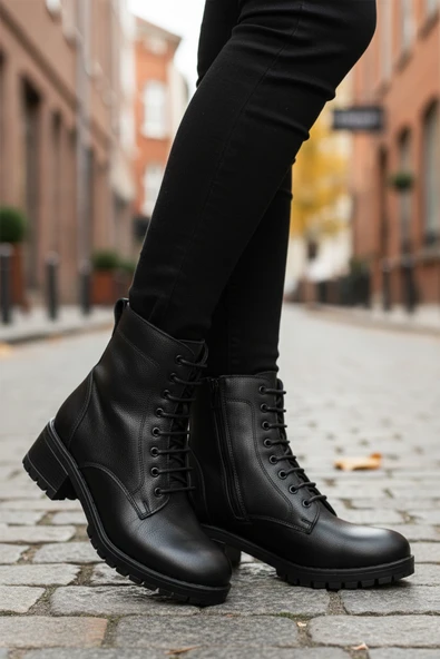 Aspor Siyah Hakiki Deri Fermuarlı Bağcık Detaylı Kadın Topuklu Bot - Resim 3