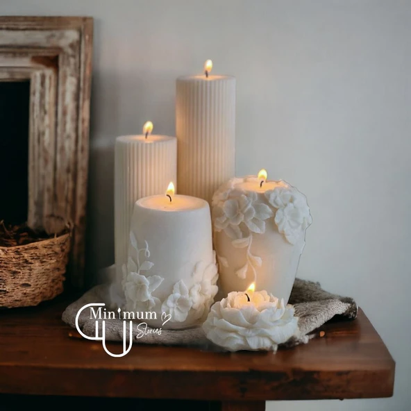 Passion 5'li Beyaz Baton-Rattan-Şakayık Dekoratif Mum Seti ürün görseli 1