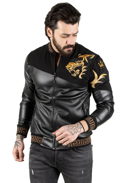 DeepSEA Erkek Taş İşlemeli Suni Deri Ceket Rüzgar & Su Geçirmez Nakışlı Fermuarlı Suni Deri Mont 2300367 - Resim 5