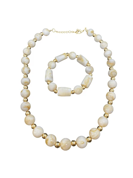 Beyaz ve Altın Renk Detaylı Şık Akrilik Damla Boncuk Bileklik ve Kolye Seti | Şık Ve Parlak Tasarım ürün görseli