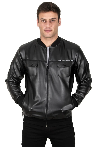 DeepSEA Erkek Suni Deri Ceket Rüzgar ve Su Geçirmez Kolej Tarzı Fermuarlı Dar Kesim Mont Ceket 23020660 - Resim 2