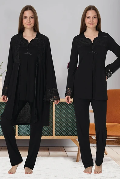 4084 Dantelli Sabahlıklı Lohusa Pijama Takımı ürün görseli 1