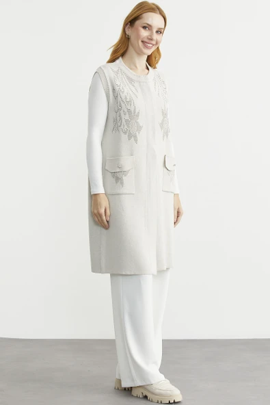 Cepli Uzun Yün Triko Yelek - Taş - Resim 4