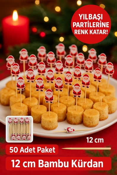 50’li Noel Baba Figürlü 12 cm Bambu Kürdan • Yılbaşı Sunum ve Parti Süsleme Seti