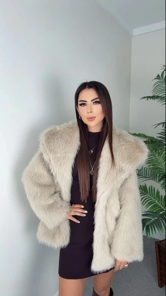 BİÇOMİ Önü çıtçıtlı loli kürk bej t4149 - Resim 2