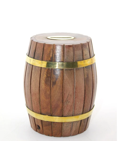 Pirinç Ahşap Fıçı Kumbara 12.5 Cm ürün görseli 1