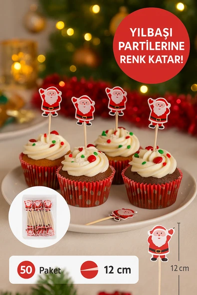 50’li Noel Baba Figürlü 12 cm Bambu Kürdan • Yılbaşı Sunum ve Parti Süsleme Seti - 2