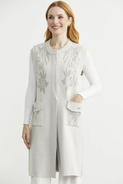 Cepli Uzun Yün Triko Yelek - Taş - Resim 2