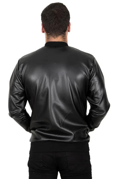 DeepSEA Erkek Suni Deri Ceket Rüzgar ve Su Geçirmez Kolej Tarzı Fermuarlı Dar Kesim Mont Ceket 23020660 - Resim 8