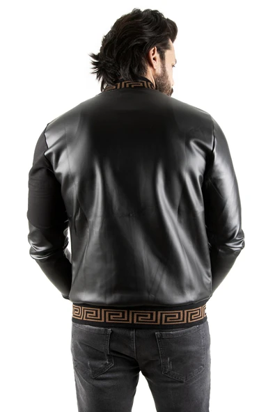 DeepSEA Erkek Taş İşlemeli Suni Deri Ceket Rüzgar & Su Geçirmez Nakışlı Fermuarlı Suni Deri Mont 2300367 - Resim 7