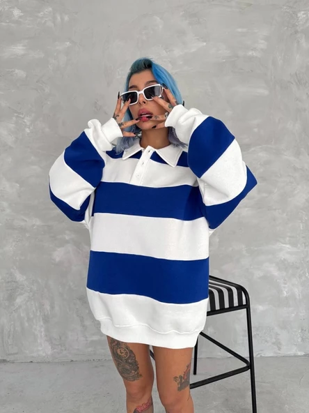 Unisex Üç İplik Parçalı Yakalı SweatShirt - Mavi ürün görseli