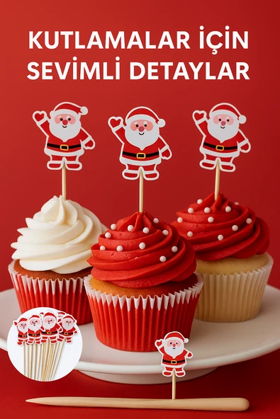 50’li Noel Baba Figürlü 12 cm Bambu Kürdan • Yılbaşı Sunum ve Parti Süsleme Seti - 4