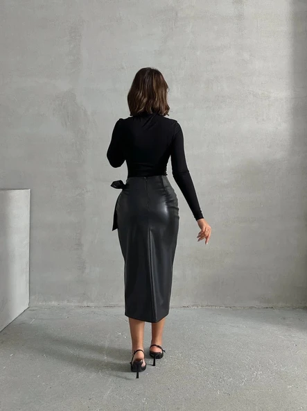Kuşaklı uzun deri etek siyah h26414 - Resim 2