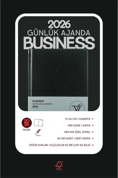 Victoria's Journals Business 2026 Günlük Ajanda 17x24cm Sert Kapak Ivory 80gr. Ayraçlı Siyah - Resim 4