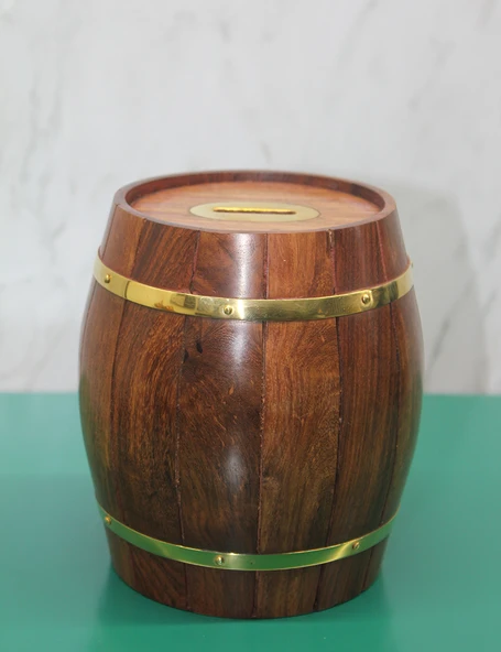 Pirinç Ahşap Fıçı Kumbara ürün görseli 1