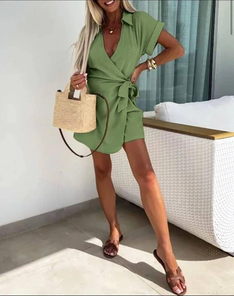 Kadın Keten Kumaş Gizli Fermuar Ve Belde Kuşak Detaylı Tulum ürün görseli 1