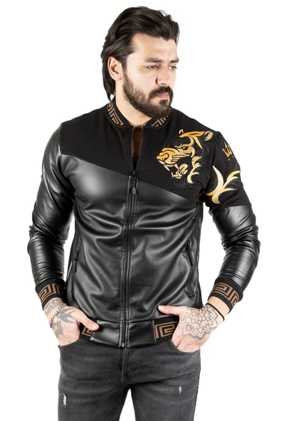 DeepSEA Erkek Taş İşlemeli Suni Deri Ceket Rüzgar & Su Geçirmez Nakışlı Fermuarlı Suni Deri Mont 2300367 ürün görseli