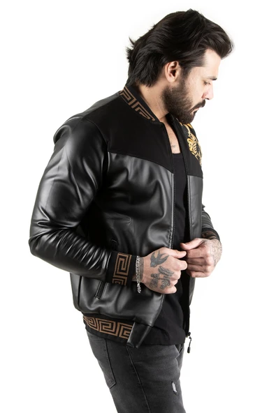 DeepSEA Erkek Taş İşlemeli Suni Deri Ceket Rüzgar & Su Geçirmez Nakışlı Fermuarlı Suni Deri Mont 2300367 - Resim 6