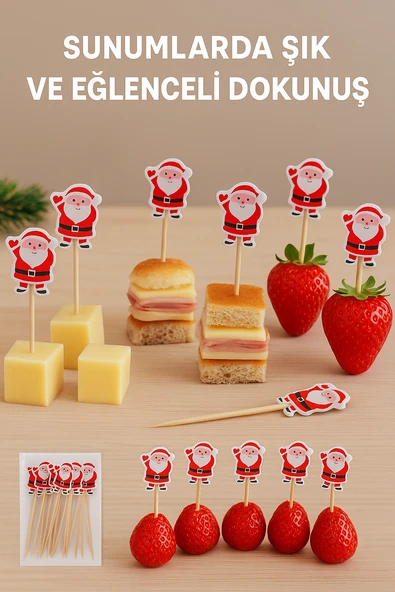 50’li Noel Baba Figürlü 12 cm Bambu Kürdan • Yılbaşı Sunum ve Parti Süsleme Seti - 6