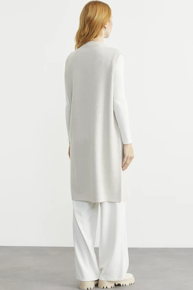 Cepli Uzun Yün Triko Yelek - Taş - Resim 5