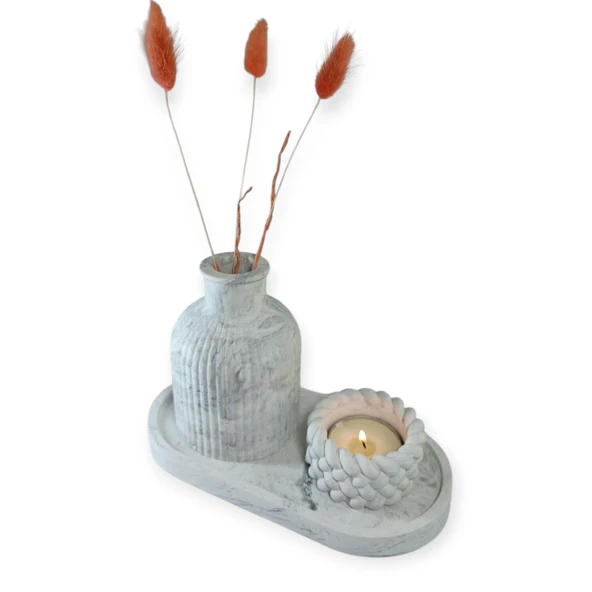 Mermer Desenli Vazo ve Örgülü Mumluk set - Resim 2